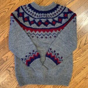 Vintage Hand Made Wool Sweater Nordic Fair Isle Heavy Knit Gray Navy Oversize L